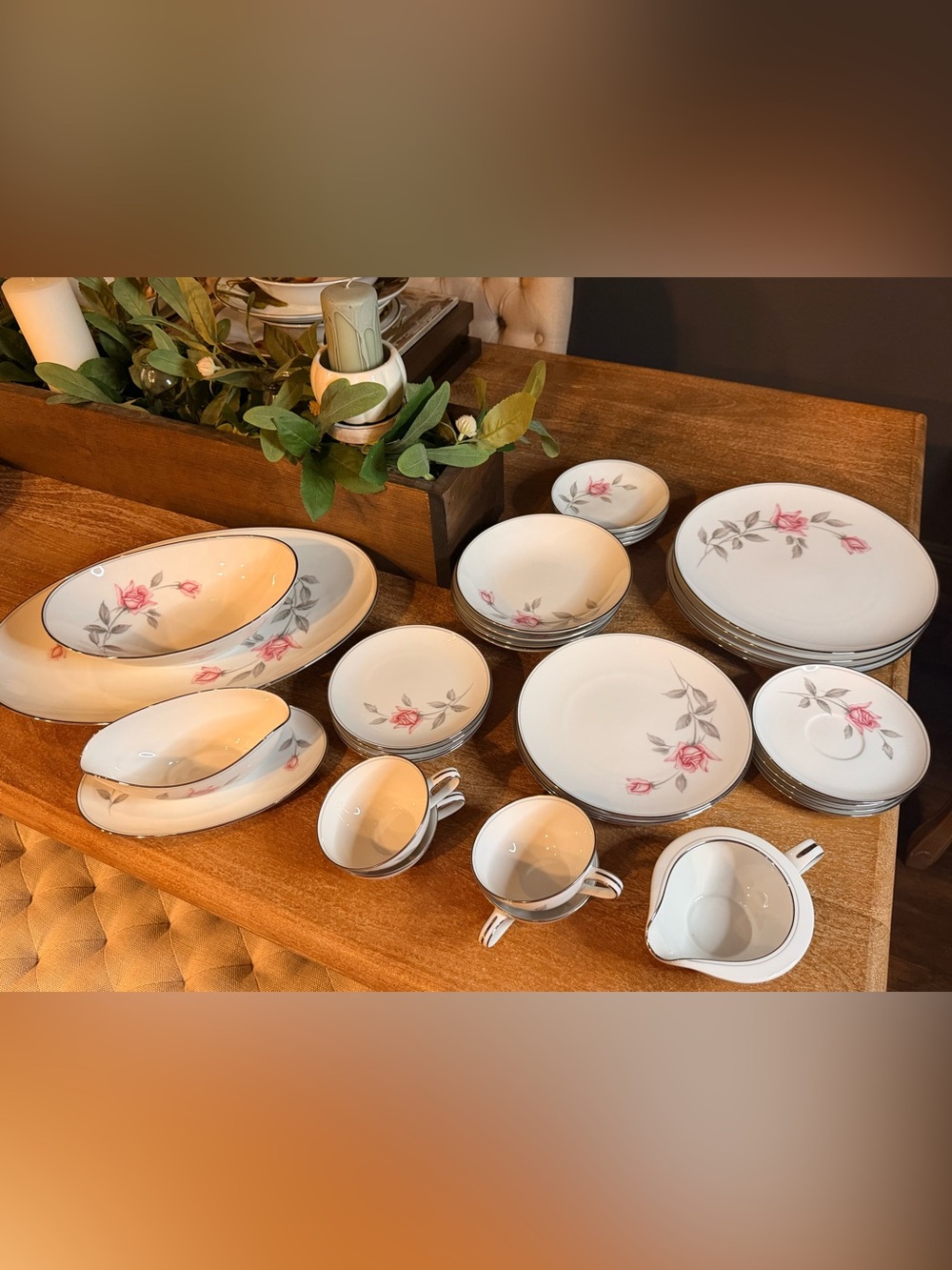 Noritake Rosemarie 6044 Vintage Fine China Estate Set - Pink Rose Platinum Trim